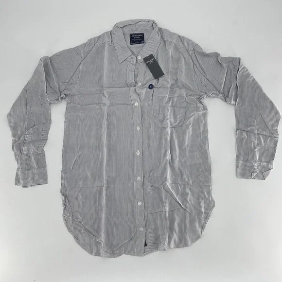 Abercrombie & Fitch Women's White Gray Striped Long Sleeve Button-Up Shirt Sz S - Picture 1 of 8
